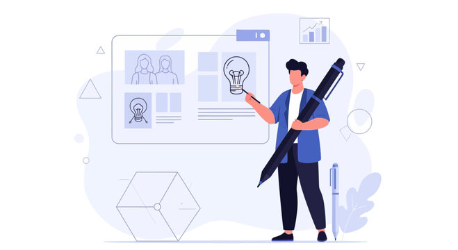 Graphic Designer Creates Ideas and Concepts with Giant Pen, Vector Illustration