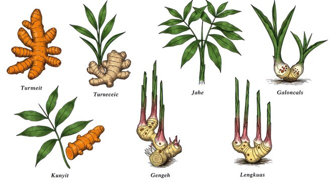 Various plants and herbs are displayed in a collection of illustrations.