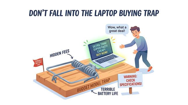 A man cautiously avoids a laptop trap with hidden fees and poor specs.