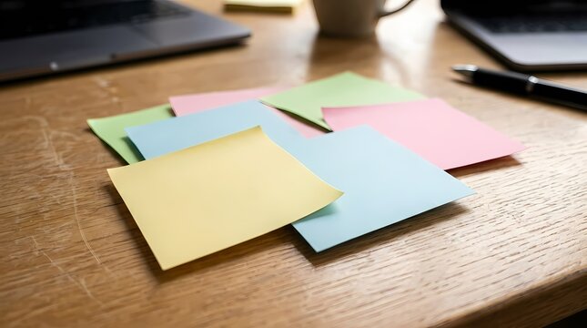 Scattered colorful blank adhesive paper notes on a wooden table workspace for brainstorming and planning