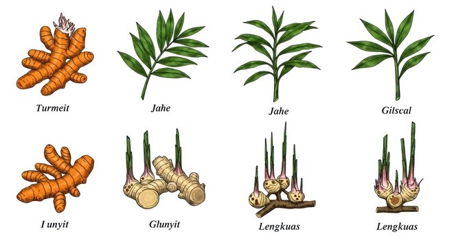 Herbal plants and spices on display including Turmeric, Jute, Giloy, and Long pepper.