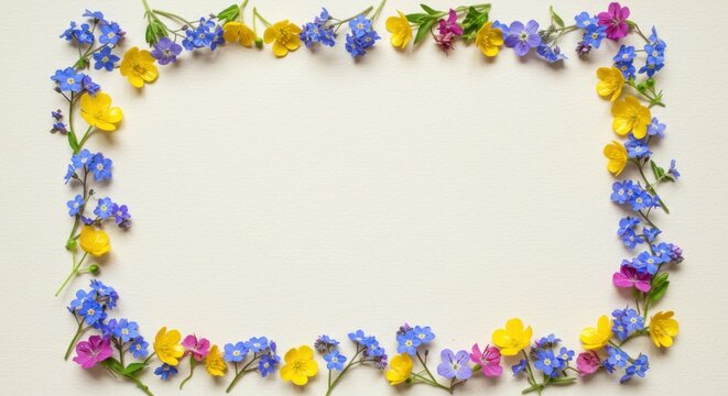Vibrant colorful flowers form a rectangular border on a plain background