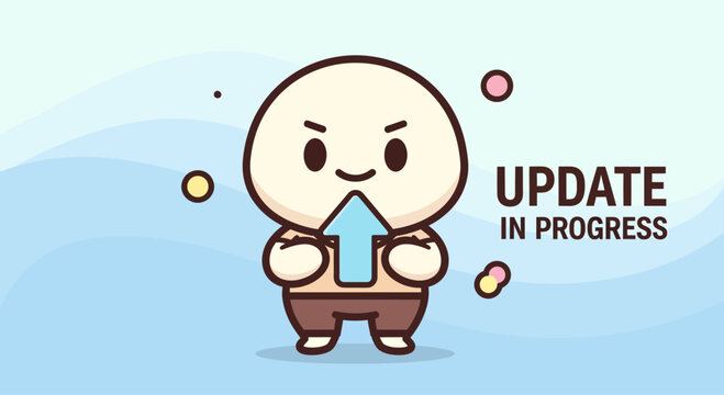 Cute character holding upward arrow, update in progress concept, progress bar, loading screen