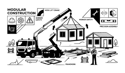 Hook lift truck and construction worker creating residential building project vector icon set © Hanif