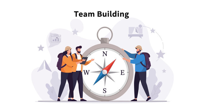 Team Building and Adventure: People with Backpacks Consult a Compass for Direction and Success