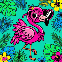 Fototapeta premium Cute pink flamingo with heart sunglasses and tropical leaves