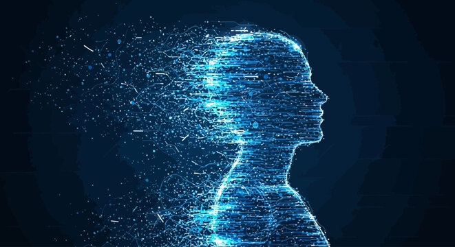 Abstract digital human silhouette formed by countless glowing particles on a dark blue background, representing artificial intelligence and futuristic technology
