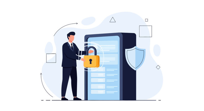 Man Securing Server with Padlock, Data Protection and Cybersecurity Concept
