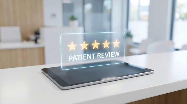 Holographic five star rating for patient review appearing above a digital tablet. Healthcare customer satisfaction feedback concept in a clinic office. Innovative medical service evaluation
