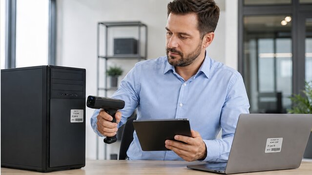 Man scanning RFID tag on computer tower with handheld reader in office. IT specialist managing inventory and hardware assets via tablet. Digital identification and equipment tracking