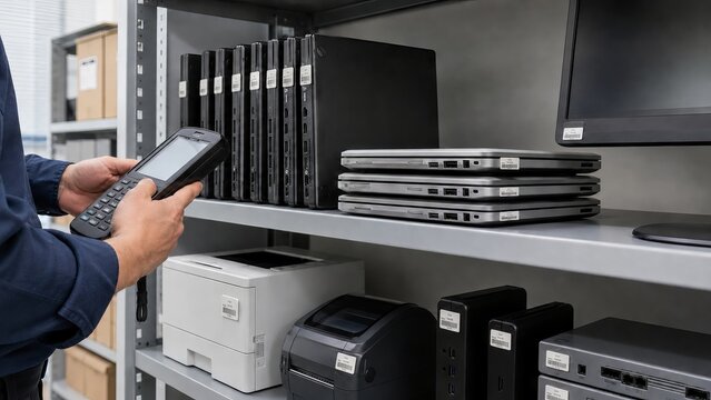 Warehouse worker using rfid scanner for inventory tracking of laptops and electronic hardware on storage shelves. Logistics management and digital asset control in technology supply chain