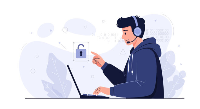 Man with headset working on laptop, interacting with cybersecurity icon, symbolizing data protection and digital security.