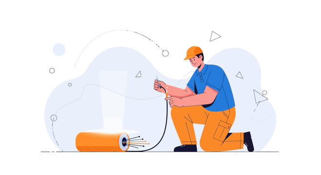Telecommunication technician installing fiber optic cable for broadband internet connection, technology concept illustration.