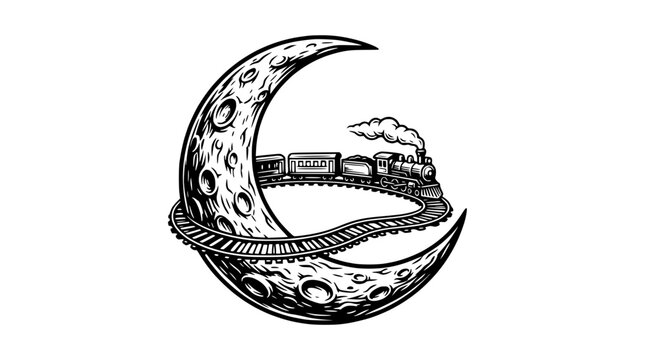 Whimsical Train on Crescent Moon Tracks, Fantasy Travel, Night Journey Illustration