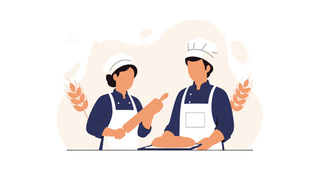 Two Bakers in Chef Hats Working Together in a Bakery, One Rolling Dough, the Other Holding Bread