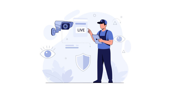 Security Guard Monitoring Live Surveillance Feed with Camera and Tablet