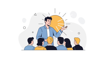 Obraz premium Speaker Presenting Idea Lightbulb to Audience - Vector Illustration