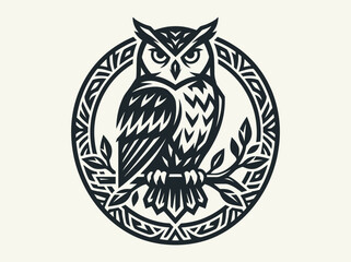 Naklejka premium Minimalist Owl Emblem Logo, Stylized Bird of Wisdom in Circular Tribal Pattern Vector Illustration