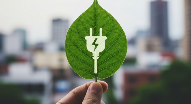 Hand holds leaf with electric plug symbol in front of blurred cityscape