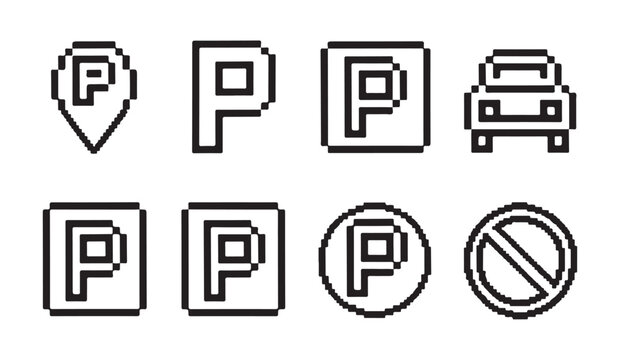 Set of pixel art car parking signs for navigation systems and digital game interfaces.