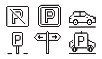 Pixelated parking signs and car symbol with direction sign. © RANA