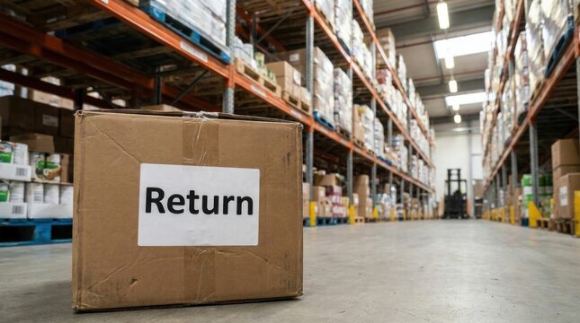Cardboard box with return label in warehouse aisle with shelving