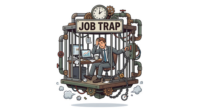 A man sits trapped in a cage at his office desk with a sign reading Job Trap