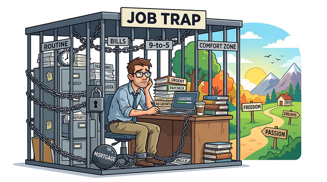 A man trapped in a metal cage labeled job trap sits at a desk with books and papers.