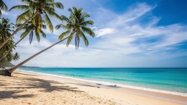 Serene tropical beach with palm trees gently swaying under clear blue sky on a sunny day