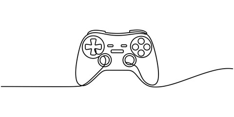 Black line game controller with a wire gaming gamepad joystick continuous one line drawing in white background © Sahor
