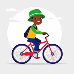 Fototapeta premium Happy boy in green hat riding a red bicycle