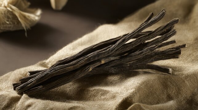 longitudinal. Bundle of dried licorice roots on burlap fabric, textural detail. gardening catalogs, home-decor guides, designed for gardening and botanical catalogs, used by art directors.