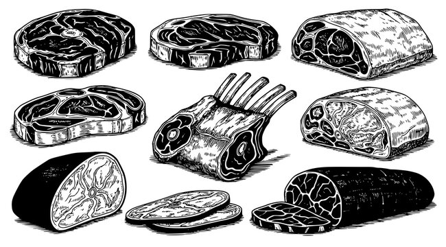 Hand drawn assortment of meat cuts steaks and chops collection with t bone