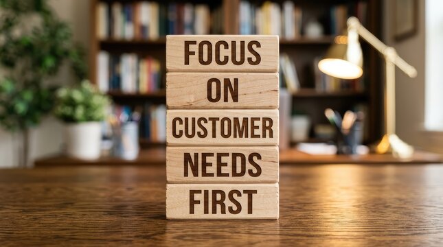 Wooden blocks stacked neatly on a desk displaying the important business message focus on customer needs