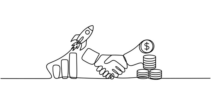Handshake with rocket graph and stack of coins in continuous line style agreement business finance mone continuous one line drawing in white backgroundy