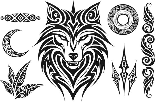 Tribal wolf head tattoo design set featuring traditional polynesian geometric patterns and stylized lunar symbols