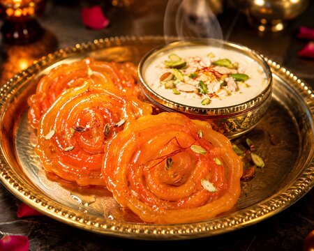 Crispy Golden Jalebi Served with Creamy Shahi Rabri and Dry Fruits