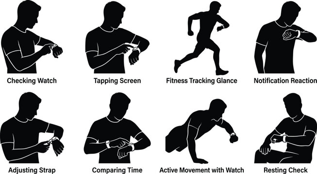 Silhouettes of man using smart watch including fitness tracking checking notifications tapping screen and running icons