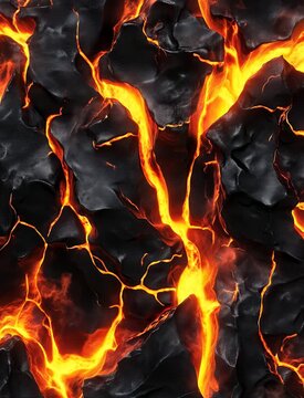Abstract molten lava texture with glowing fire embers and cooling basalt rock