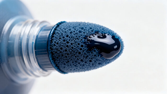 A close-up of a blue bingo dauber marker with a sponge tip soaked in dark ink and a droplet on surface.