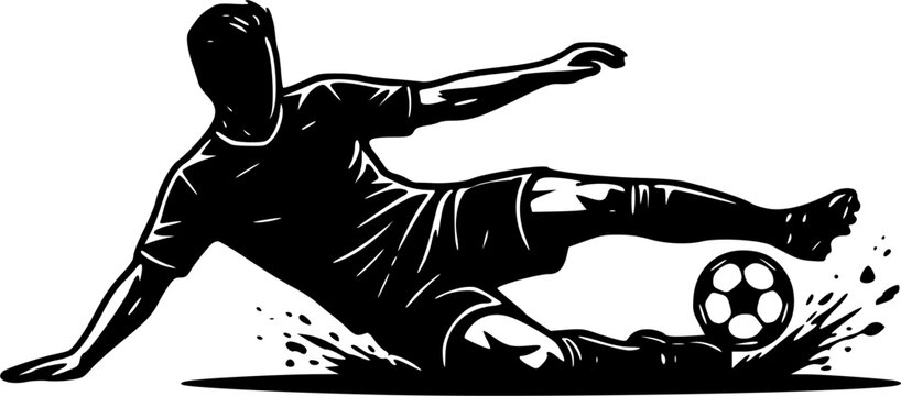 Soccer defender performing a slide tackle silhouette vector, football player sliding to block or steal the ball isolated on white background