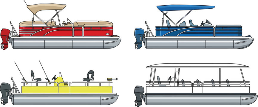 Set of modern pontoon boat configurations for leisure activities and recreational water travel