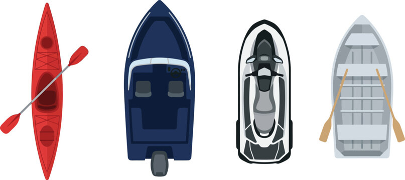 Top view collection of modern watercraft and boats for recreational and leisure water sports