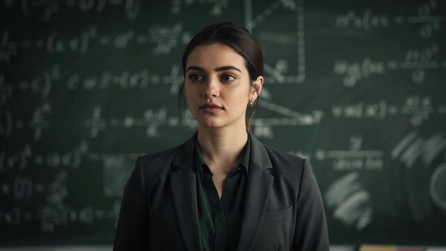 Confident teacher standing thoughtfully in classroom with chalkboard covered in complex math problems