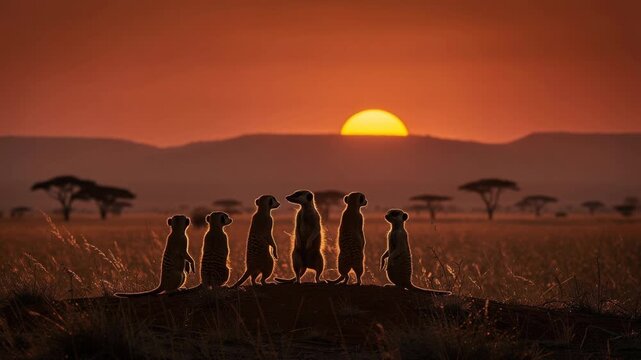 A group of meerkats standing together on a mound scanning the savannah at sunset with warm golden light