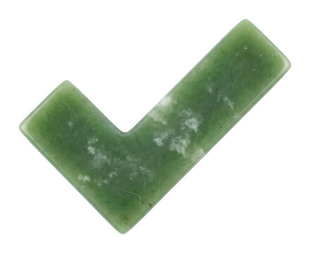 Smooth polished green nephrite jade stone checkmark featuring natural white marble texture and mineral inclusions glows with soft studio lighting, isolated transparent background image