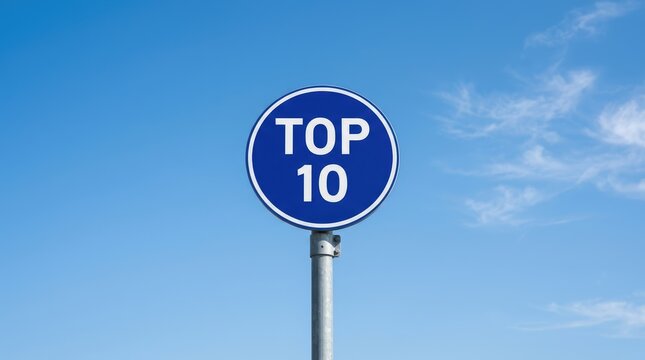 Round blue sign featuring bold white top ten text mounted on a sturdy metal pole