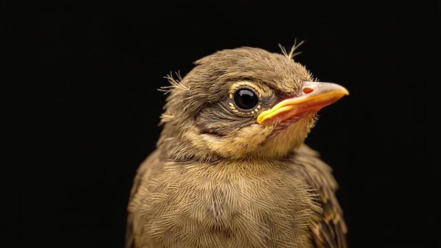 Close up portrait of a young brown fledgling bird with an orange beak against a black background