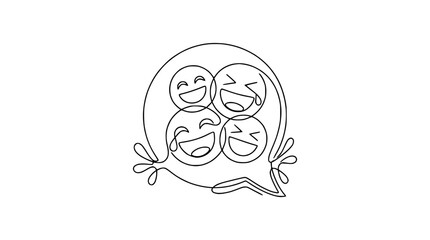 Continuous Line Drawing of Laughing Emojis Inside Speech Bubble, Joyful Expression