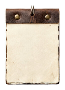 Vintage notebook with brown leather trim and rivets featuring blank aged parchment paper with deckle edges and metal ring for a nostalgic look isolated transparent background image